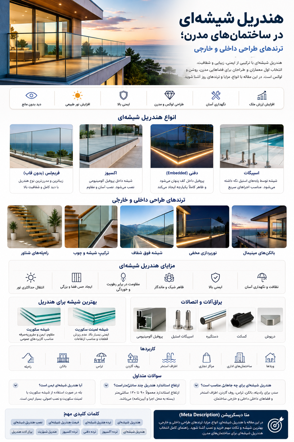 هندریل شیشه‌ای در ساختمان‌های مدرن؛ ترندهای طراحی داخلی و خارجی